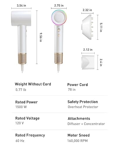 High-Speed Hair Dryer, 160,000 RPM Brushless Motor for Ultra-Fast Drying,500M Ionic Negative for Frizz Reduce, Low Noise Thermo-Control Blow Dryer with Diffuser for Curly Hair Women and Men,White thumbnail 8