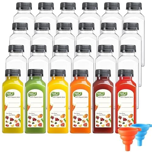 24 PACK, 12 OZ Reusable Thicker Plastic Juice Bottles with Caps, Leakproof | Plus 24 Labels & 2 Funnels, Clear Juicing Bottles for Juice, Smoothies, Ginger, Tea, Coffee -Food Grade & Travel & Freezable thumbnail 9