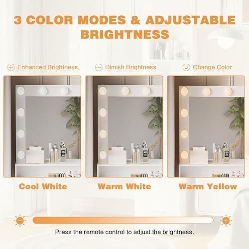 YESHOMY Vanity Desk with Mirror, Power Outlet and 10 Lights, Makeup Table with 4 Drawers, 3 Color Modes Available for Bedroom, White, 39.3x17.7x58.8 inch thumbnail 6