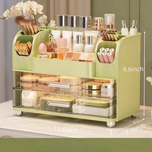 Makeup Organizer with Drawers for Vanity,Bathroom Countertop Organizer with Brushes Holder,Skincare Storage Organizer,Perfect Cosmetic Display Case for Skincare,Lipstick and Beauty Essential (Green) thumbnail 2