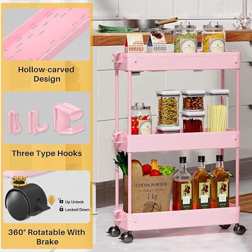 SPACEKEEPER Slim Rolling Storage Cart, 3 Tier Bathroom Organizer Utility Cart Laundry Room Organization Mobile Shelving Unit for Kitchen, Bathroom, Office, Bedroom, Narrow Places, Pink thumbnail 4