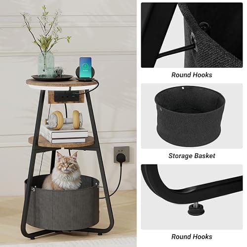 ARTETHYS Side Table with Charging Station, Small Round Coffee Table with 3 Colour LED Lights and Storage Basket, End Table with 3 Tier Shelves, Bedside Sofa Side Tables for Living Room Bedroom thumbnail 6
