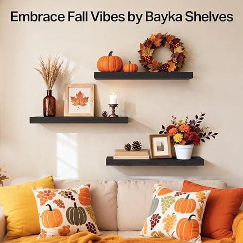 BAYKA Floating Shelves for Wall, Wall Mounted Rustic Wood Shelves for Bathroom, Bedroom, Living Room, Kitchen, Hanging Shelf for Books/Storage/Room Decor with 22lbs Capacity (Black, Set of 3, 15.7in) thumbnail 4