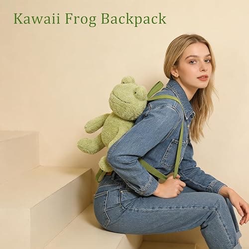Bycobecy Cute Frog Stuffed Animals Backpack for Women, Kawaii Frog Plush Backpack Fluffy Bag Novelty Purse with adjustable Strap (Green) thumbnail 2