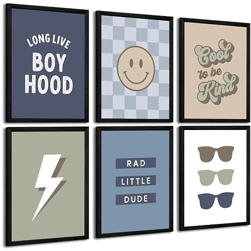 Boy Nursery Wall Art Decor Toddler Baby Boy Room Canvas Pictures Blue Cool Nursery Poster Teen Playroom Prints Long Live Boyhood Artwork for Kids Bedroom 8x10 Inch Black Wood Framed Set of 6 - Image 1