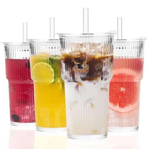GOSCHE 20oz Glass Cups with Lids and Straws, Ribbed Iced Coffee Cups, Thickened Glass Tumbler Set Ideal for Coffee, Smoothies, Cocktails, and Juices, Clear, 4 Pack - Image 1