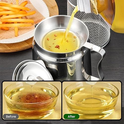 Arshany 2L Grease Container with Strainer, 4 in 1 Large Capacity Oil Container with Strainer Tray, Frying Basket & Lid, Stainless Steel Oil Filter Pot for Storing Cooking Frying Oil & Bacon Grease thumbnail 8