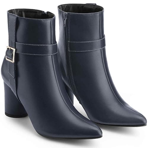 Perphy Women's Ankle Boots Pointed Toe Chunky Block Heel Side Zipper Dressy Booties - Image 1