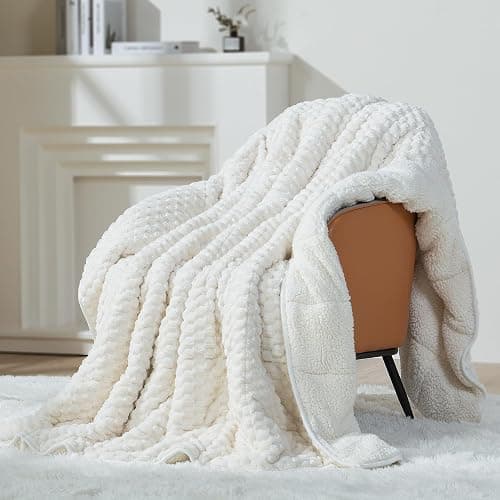 Super Soft Luxury Fleece Sherpa Weighted Blanket 15 lbs for Adults, Turtle Shell Fuzzy Cozy Warm Weighted Throw for Winter, Ceramic Beads Washable Heavy Blankets for Couch Bed, Cream White, 60"x80" - Image 1