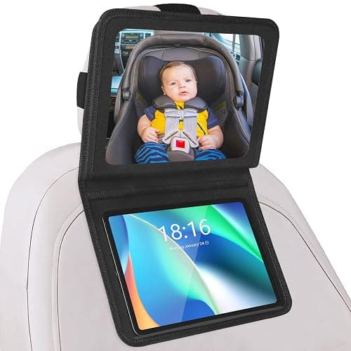 Brislut Baby Car Mirror with Adjustable Tablet Holder, Road Trip Essentials for Kids, Backseat Mirror to See Rear Facing Infant, Ipad Case for Car Headrest - Image 1