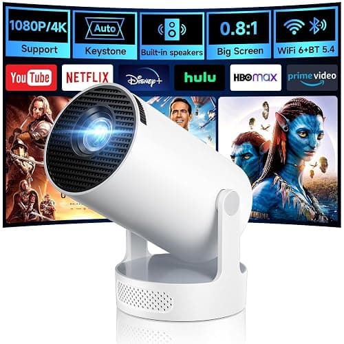 Kimwood Projector with Upgraded HiFi Speaker, [Built-in Apps] 1080P Mini Portable Projector Lower Noise Auto Keystone WiFi 6 Bluetooth 5.4 Ultra Short Throw Projectors for Big Screen (White) - Image 1