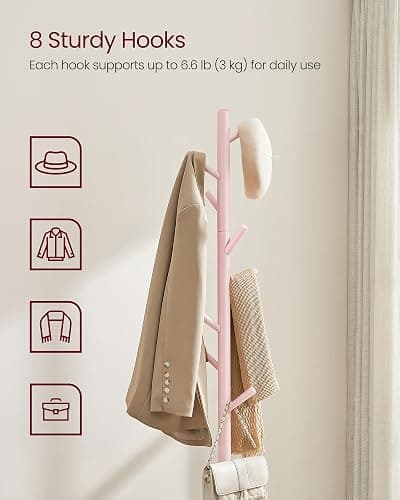 VASAGLE Solid Wood Coat Rack, Free Standing Tree-Shaped Coat Rack with 8 Hooks, 3 Height Options, for Clothes, Hats, Bags, Living Room, Bedroom, Home Office, Jelly Pink URCR004R01 thumbnail 4