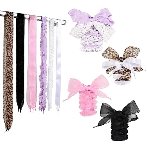 Naplings 6 Pairs Ribbon Shoe Laces for Women, Satin & Leopard Print Flat Laces 47"-55", Cute Replacement for Sneakers Canvas Shoes - Image 1