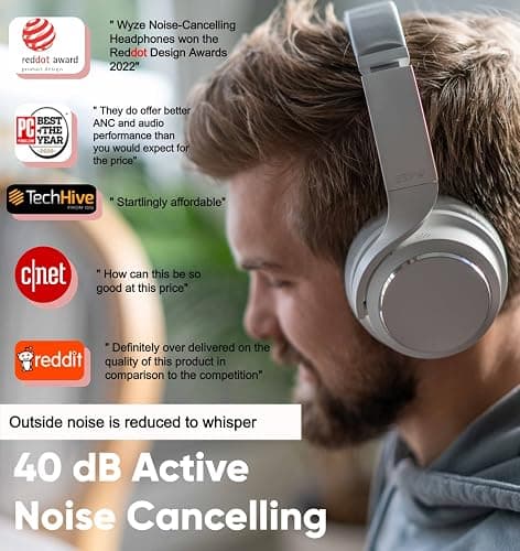 WYZE Noise Cancelling Headphones, Over The Ear Headphones with Active Noise Cancellation, High-Fidelity Sound, Transparency Mode, Alexa Built-in, White thumbnail 2