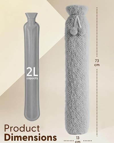 KEPLIN Extra Long 2L Hot Water Bottle with Super Soft Fleece Cover, Durable Natural Rubber, Long Lasting Warmth for Neck, Back & Body, Winter Comfort - Grey thumbnail 2