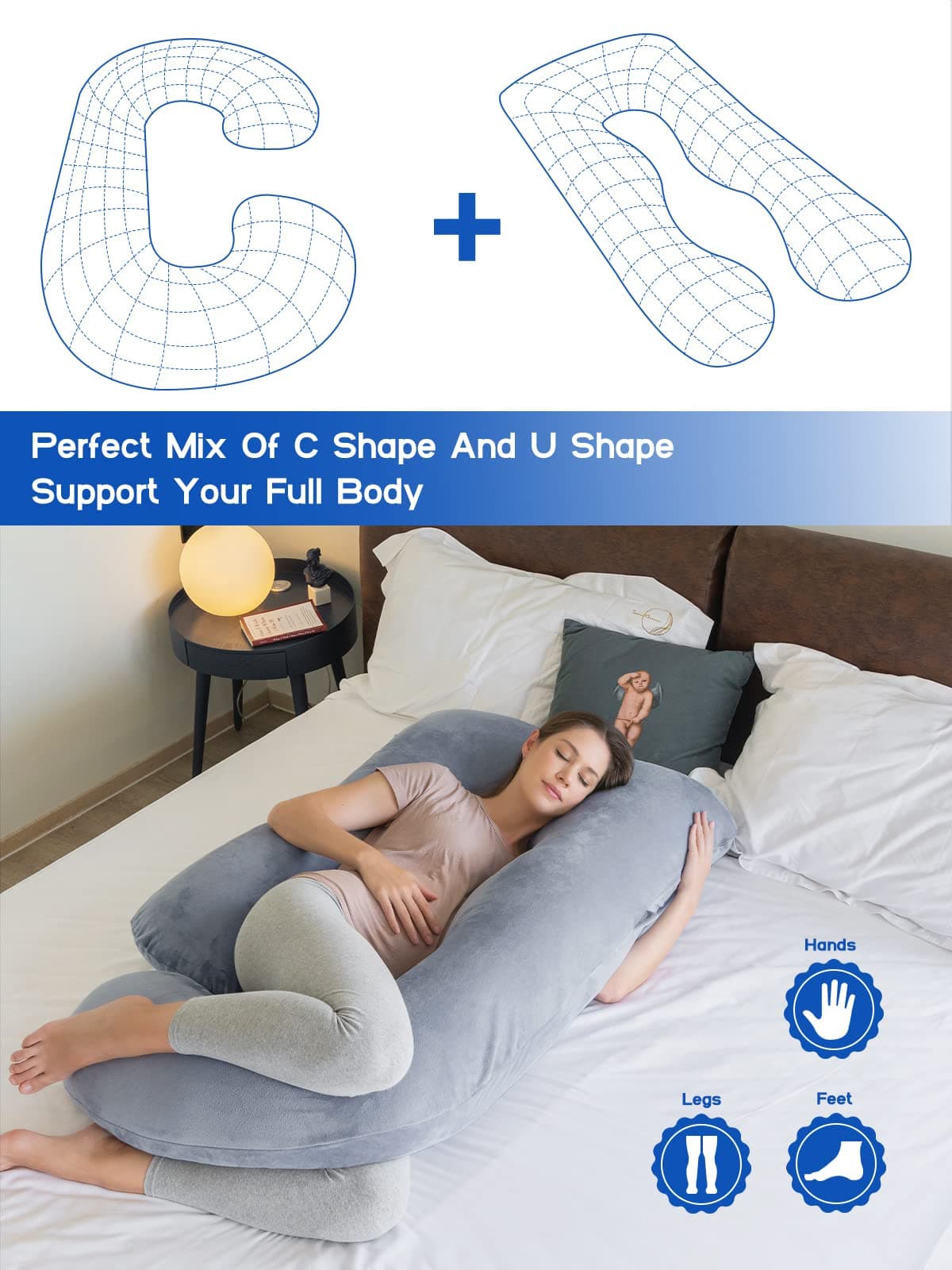 Wndy's Dream Pregnancy Pillow J Shaped Full Body Pillow with Velvet Cover, 60 inches Maternity Pillow for Pregnant Women Back, Legs and Belly Support thumbnail 4