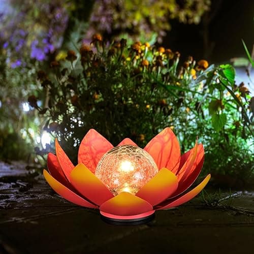12 inches Solar Lights Outdoor Garden, Crackle Globe Glass Lotus Decoration, Waterproof LED Metal Flower Lights for Patio,Lawn,Walkway,Tabletop,Ground Gardening Gifts (Red) - Image 1