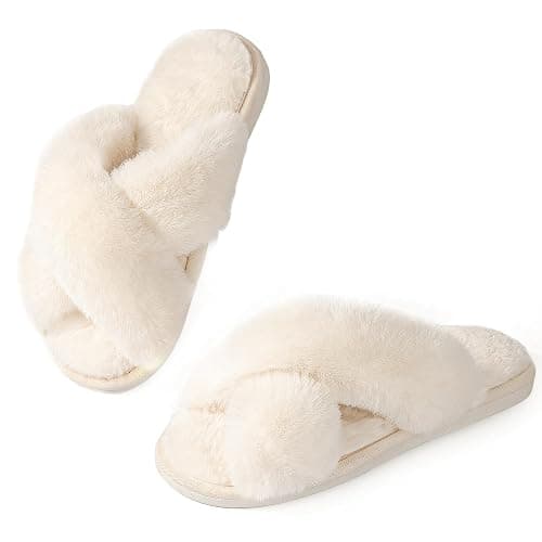 Ankis Memory Foam Fuzzy Slippers for Women,Open Toe House Shoes | Faux Fur Cross Band,Indoor Outdoor Slippers, Anti-Slip, Comfy, Cozy, Fluffy, Gifts for Women, Mom Bride Bridesmaids - Image 1