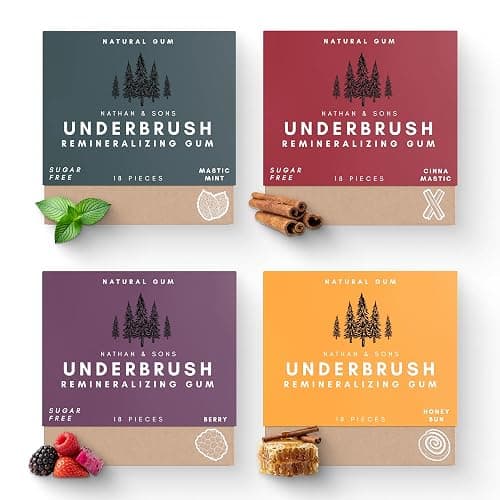 Underbrush Variety Pack Remineralizing Natural Gum, Sugar Free Xylitol Gum with Hydroxyapatite, Supports Fresh Breath and Oral Health, Tree Sap Base, Gluten Free, No Sucralose or Aspartame, 4 Pack - Image 1