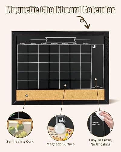 TORASO Magnetic Chalkboard Calendar Corkboard, Small Combination Chalk Board Bulletin Board, 13" x 17",Black Wood Framed Blackboard Calendar Cork Combo Board(ZHHB-BK-3343) thumbnail 4