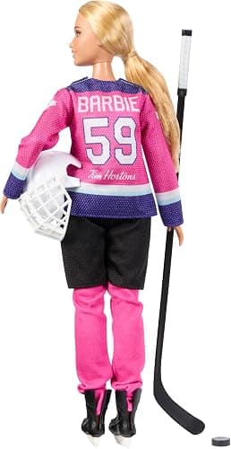 ​Barbie Tim Hortons PWHL 2025 Fashion Doll in Pink, Purple, & Teal Hockey Jersey, Includes Hockey Stick, Puck, and Helmet thumbnail 5