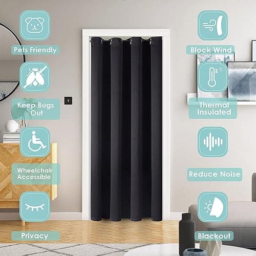 ChrisDowa Blackout Door Curtains for Doorway Privacy, Grommet Closet Curtains for Bedroom Closet Door, Thermal Insulated Temporary Doorway Cover Room Divider Drapes (1 Panel, Black, 52 x 80 Inch) thumbnail 3