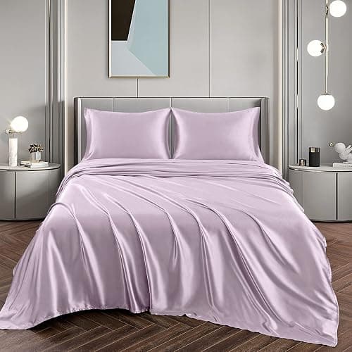 Vonty Satin Sheets King Size Silky Soft Satin Bed Sheets Luxury Lavender Sheet Set, 1 Deep Pocket Fitted Sheet + 1 Flat Sheet + 2 Pillowcases thumbnail 4