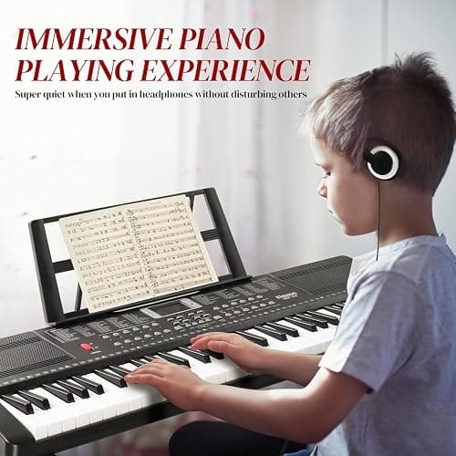 Ktaxon 61 Key Keyboard Piano Electric Keyboard with Lighted Keys | Electric Piano Set with Headphones, Microphone, Music Rest, Power Adapter, Stand, Piano Bench, Stickers & Manual(Full-Black) thumbnail 6