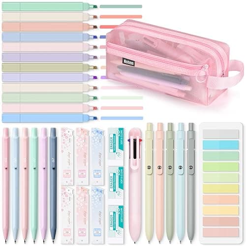 Asten 35 Pcs Aesthetic School Supplies, Clear Pencil Case with Pastel Pens and Highlighter, Mechanical Pencil 0.5 & 0.7 mm, 6-in-1 Multicolor Pen, Book Annotation Kit, College School Supplies for Girl - Image 1
