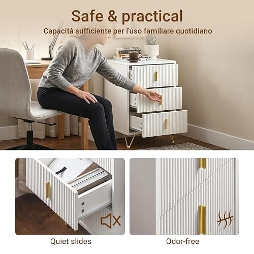 SoBuy Bedside Table 40cm Wide with 3 Drawers & Elegant Gold Handles Bedroom | Wooden metal nightstand with anti-tip device & protective foot pads, modern gold white design, 40x40x63.5 cm, FBT115-L-W thumbnail 6
