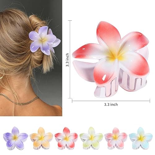 CHANDAT Flower Hair Clips 6 PCS Hawaiian Claw Clips for Vacation Hibiscus Hair Claw Clips Cute Large Hair Clips for Thick and Thin Hair Plumeria Hair Accessories for Women Girls -Light Petal thumbnail 3