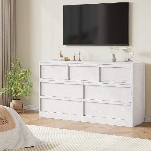 GarveeHome 7 Drawer Dresser for Bedroom, 54in Wide Antique White 7 Chest of Drawers with Large Storage, Wooden Dresser Organizer for Living Room, Nursery, Entryway thumbnail 3