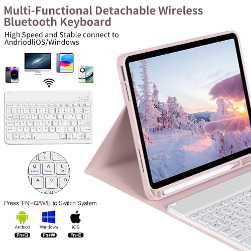 KVTVOU Keyboard Case for iPad (A16) 11th/10th Gen (11/10.9 Inch, 2025/2022) | Magnetic Detachable Wireless Bluetooth Keyboard, Folio Keyboard Cover with Pencil Holder - Thin & Light, Pink thumbnail 4