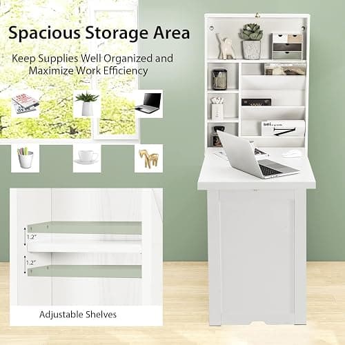 Tangkula Foldable Wall Mounted Desk, Floating Table with Storage Shelves & Hooks, Space-Saving Fold-Up Murphy Desk for Small Spaces, Home Office, Dorm Room thumbnail 8