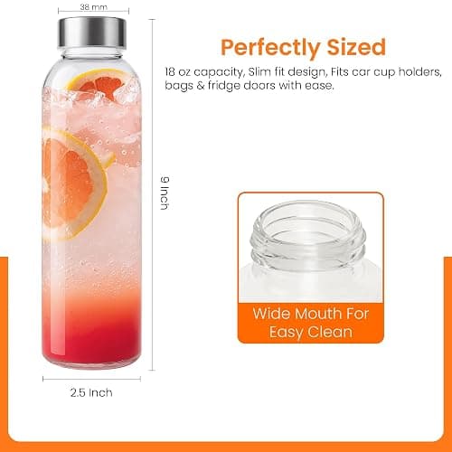 Epica Clear Glass Bottles with Lids, 18oz Resuable Glass Water Bottles for Juicing with Stainless Steel Cap to store Milk, Smoothie, etc., 100% Leak Proof, Durable and Dishwasher Safe (Set of 6) thumbnail 3