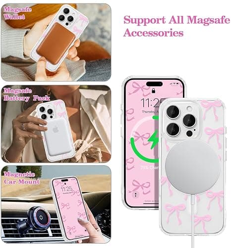 UEEBAI Magnetic for iPhone 16 Pro Max Case, Bow Case Compatible with MagSafe, Wireless Slim Clear Ribbon Aesthetic Phone Cover Anti-Yellowing Shockproof Protective Cover for Women Girl - Pink thumbnail 2