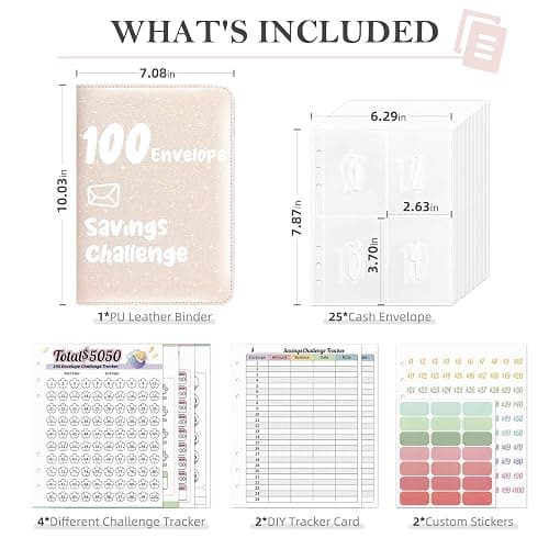 Ospelelf Money Saving Binder Savings Challenge Book with 100 Envelopes Zipper Closure Leather 52 Weeks Budget Planner to Save $10000 $5050 Gold-Flecked Off-White thumbnail 3