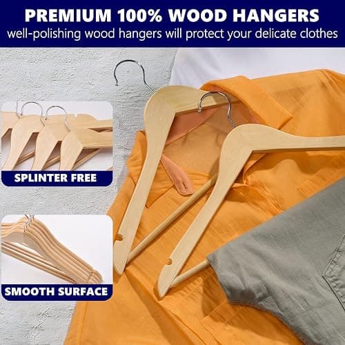 Amber Home 20 Pack Wooden Coat Hangers, Natural Wood Suit Hangers with Non Slip Pant Bar, Clothes Hangers for Shirts, Jackets, Dress, Pant (Natural, 20) thumbnail 4