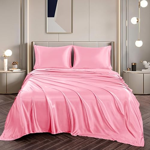 Vonty Satin Sheets Full Size Silky Soft Satin Bed Sheets Bright Pink Sheet Set, 1 Deep Pocket Fitted Sheet + 1 Flat Sheet + 2 Pillowcases thumbnail 4