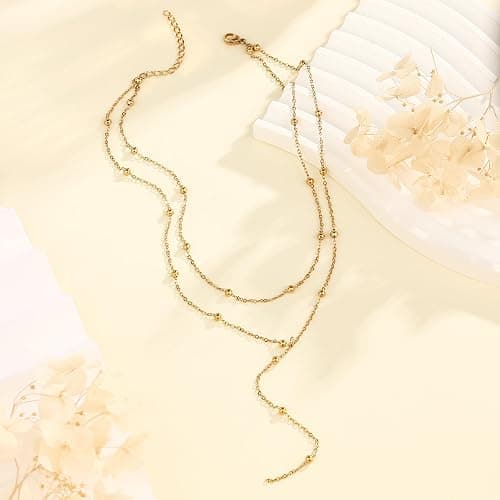 Fnionvn Necklace for Women 18K Gold Plated Stainless Steel Necklace Non Tarnish Layered Necklaces Long Gold Necklace Stack Trendy Y-shaped Charm Necklace Summer Gifts for Women thumbnail 5