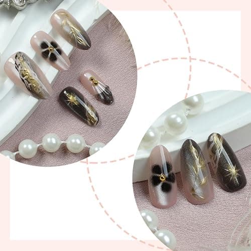 24Pcs Almond Press on Nails Medium Fake Nail with 3D Leaf Designs Marble Nail Art Gold Leaves Acrylic Nails Press ons Reusable French Tip False Nail Full Cover Floral Glue on Nails for Women thumbnail 2