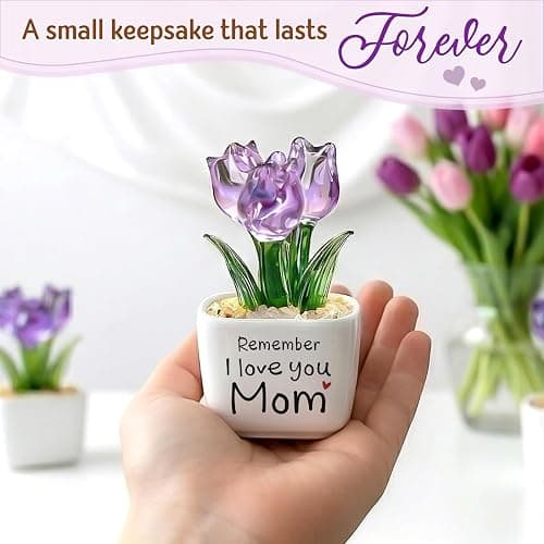 Birthday Gifts for Mom from Daughter Son - Mini Purple Glass Tulip | Remember I Love You Mom - Mom Birthday Gifts for Mothers - Collectible Flower Figurine thumbnail 2