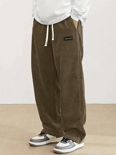 Hidkat Mens Corduroy Casual Pants Fashion Loose Fit Wide Leg Pants Straight Sweatpants Elastic Waist Drawstring thumbnail 3