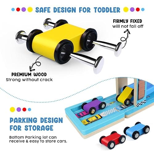 Montessori Toys for Toddlers, Children Race Track Toy with 4 Cars and 1 Wooden Parking Lot, Stable Base, Car Ramp Toy for 1 2 3 Year Old Boy Girl Gifts thumbnail 4