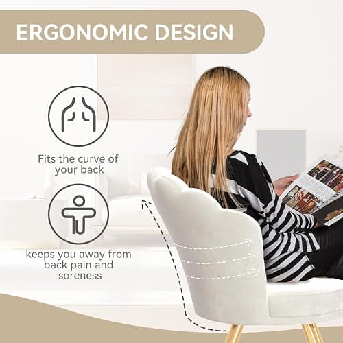 Aivermeil Esszimmerstühle Samt • Muschelsessel mit Rückenlehne & Armlehnen • Schminktisch Stuhl • Polstersessel Elegant • Akzentstuhl mit Gold Metallbeinen Accent Chair • Weiß thumbnail 4