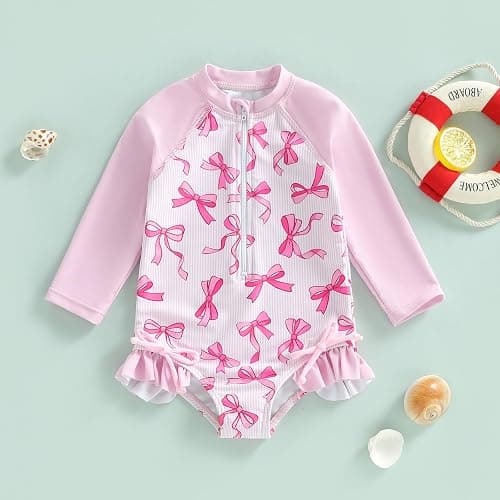 kacubwyy Toddler Girls Swimsuit Rash Guard Long Sleeve Baby Girl Bathing Suit One Piece Swimwear Little Kids Beach Outfit thumbnail 8