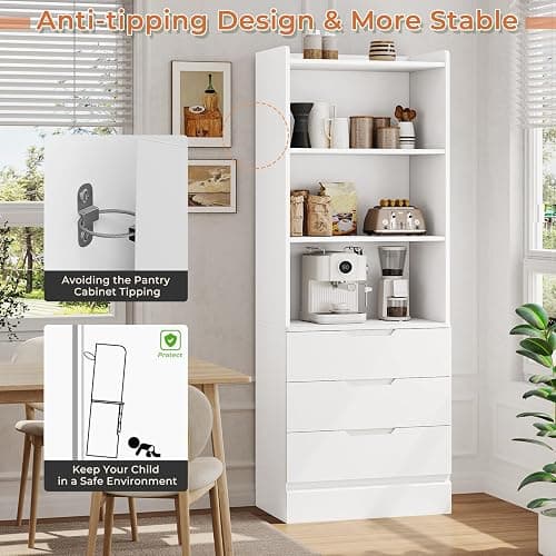 DICTAC 73.23'' Tall Storage Cabinet Bookcase with 3 Drawers and 3-Tier Open Shelves Wooden Bookshelf Kitchen Pantry Storage Organizer Cabinets for Living Room, Study, Kitchen,Bathroom,White thumbnail 8