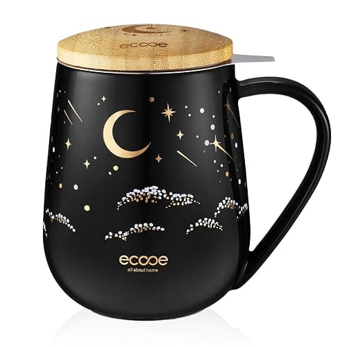 ecooe Teetasse mit Deckel und Sieb - 600 ml Keramik Tee Tasse Große Teetassen mit Edelstahl Teesieb und Deckel, Schwarz Keramik Teebecher Set mit Henkel für Losen Tee - Image 1