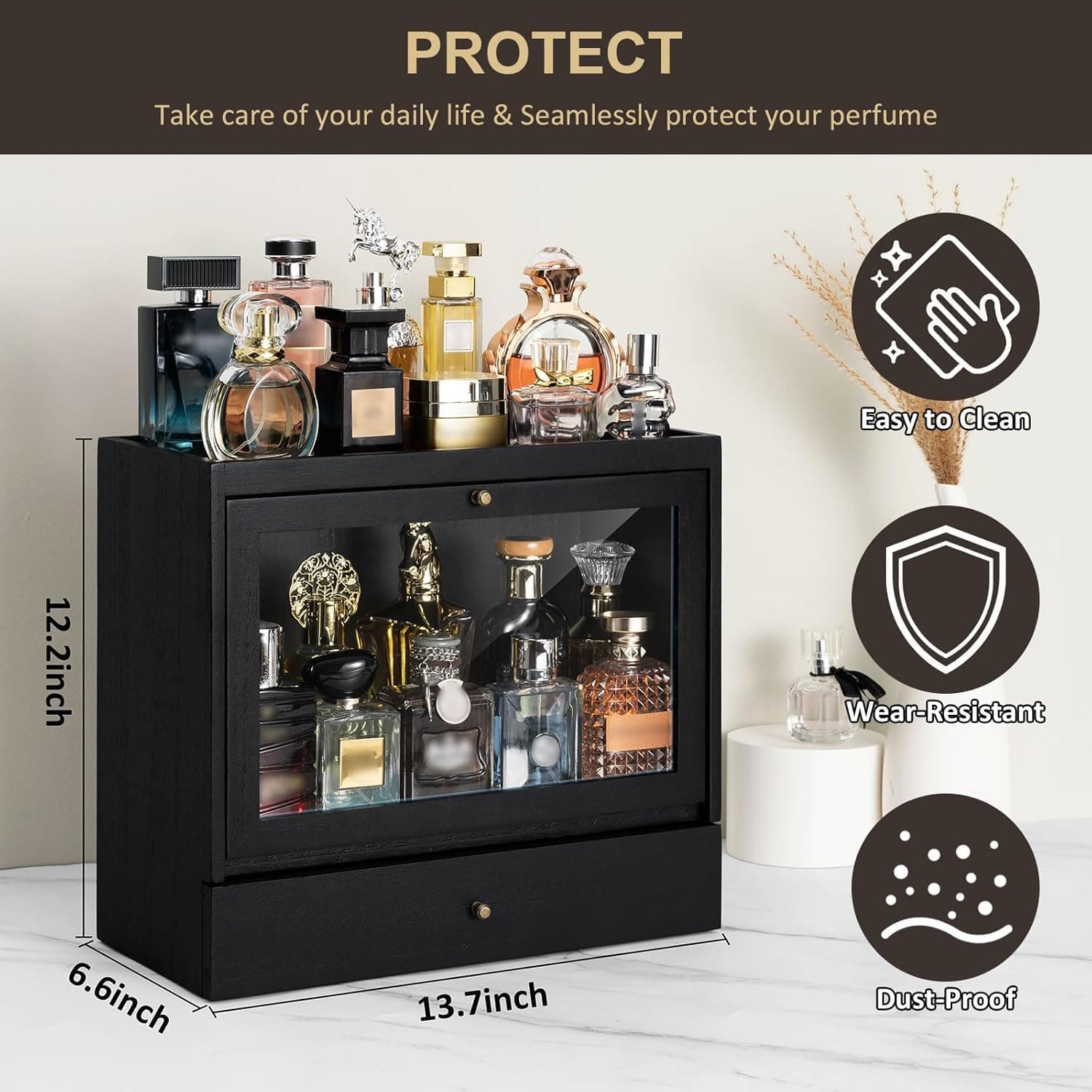 Cologne Organizer for Men, Large Capacity Dustproof Cologne Holder with Drawer, Solid Wood Perfumes Organizer for Men Dresser (Black) thumbnail 4