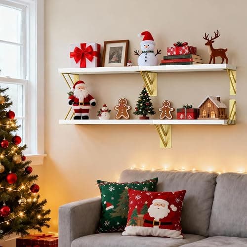 BAYKA Wall Shelves for Bedroom Decor, Floating Wall Shelves for Living Room Kitchen Storage, Wall Mounted Rustic Wood Shelves for Kids Books,Corner Shelves for Bathroom(White and Gold，Set of 3) thumbnail 2